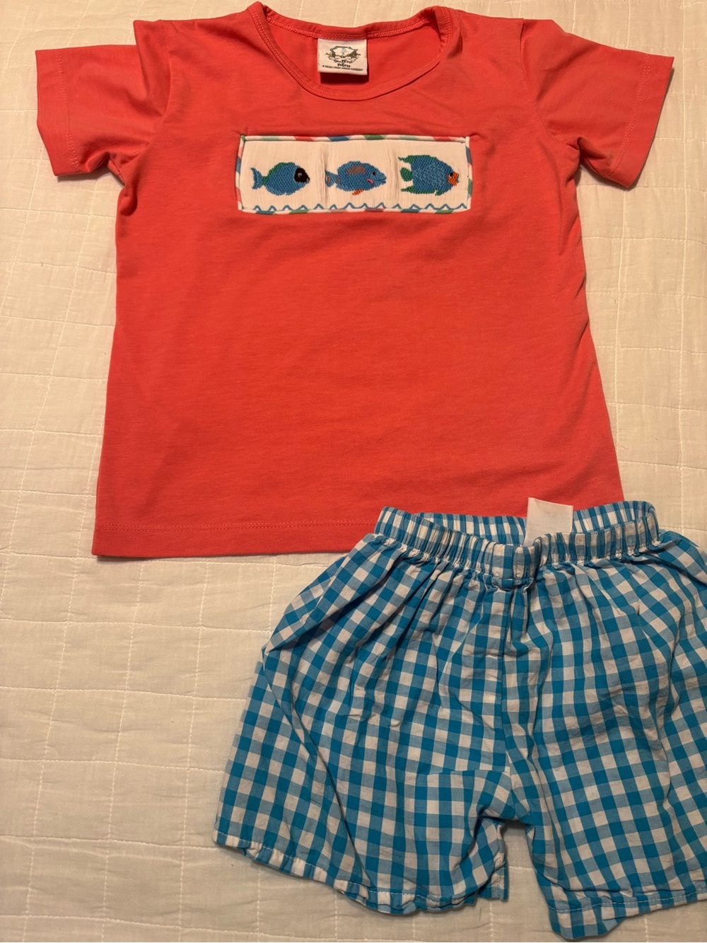 Southern Taters coral fish shirt with blue and white gingham Shorts